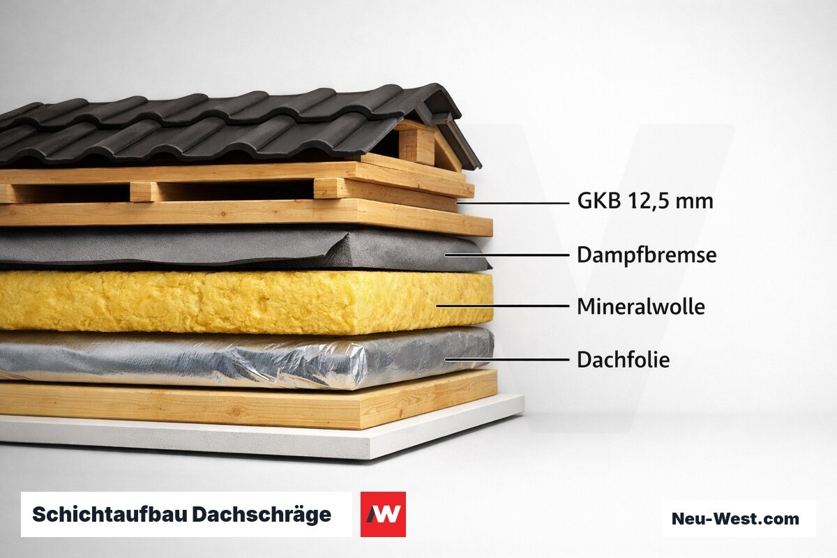 Schichtaufbau Dachschräge: 7 Lagen von innen nach außen – Erklär-Grafik (NEUWEST Berlin)