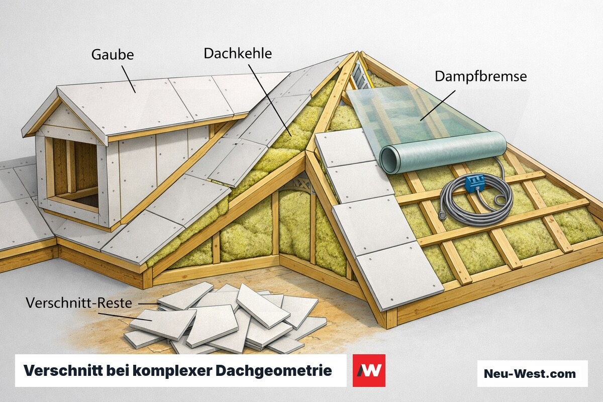 Cutaway-Grafik einer Dachschräge mit Gaube und Kehle, zugeschnittenen Gipsplatten, Verschnitt-Resten, Dampfbremse und Dämmung zur Kostenkalkulation.