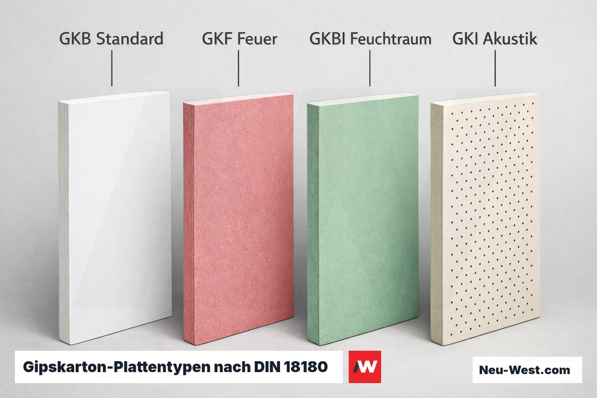 Gipskarton-Plattentypen nach DIN EN 520: GKB / GKF / GKBI / GKI – Erklär-Grafik (NEUWEST Berlin)