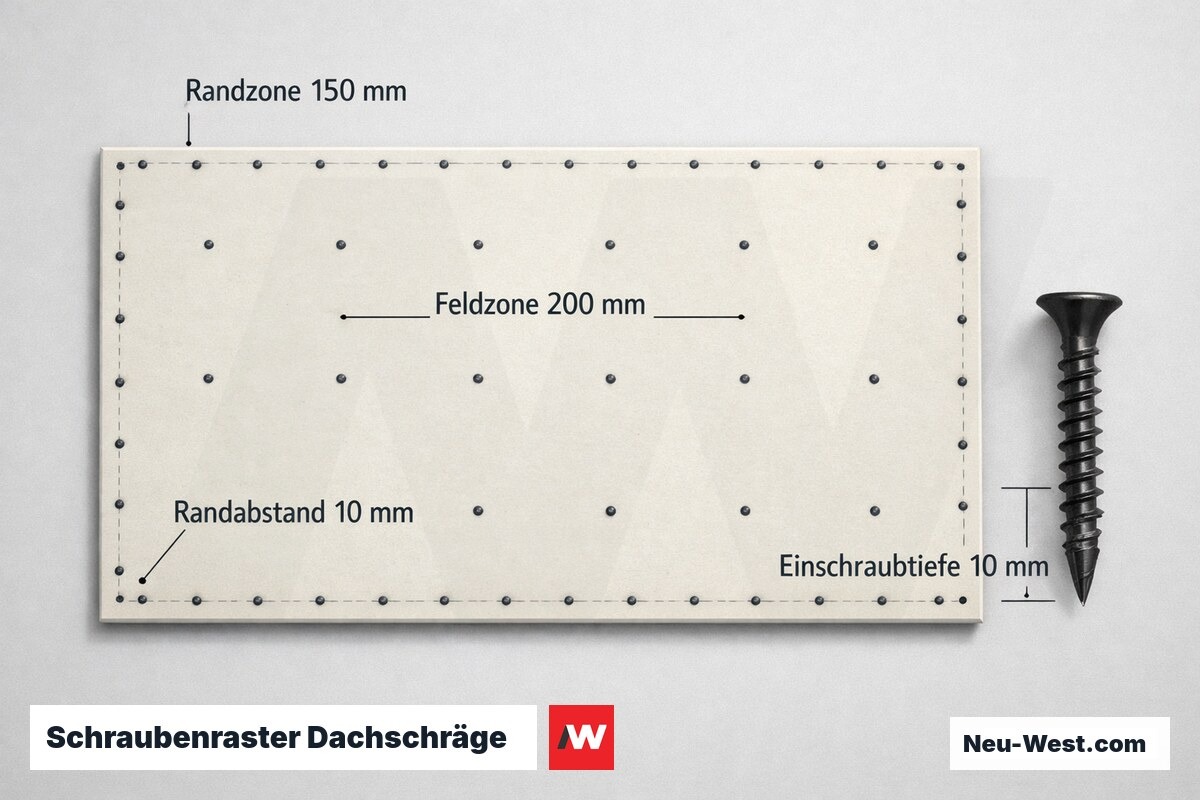 Schraubenraster Dachschräge: Rand- und Feldzone an geneigter Fläche – Erklär-Grafik (NEUWEST Berlin)