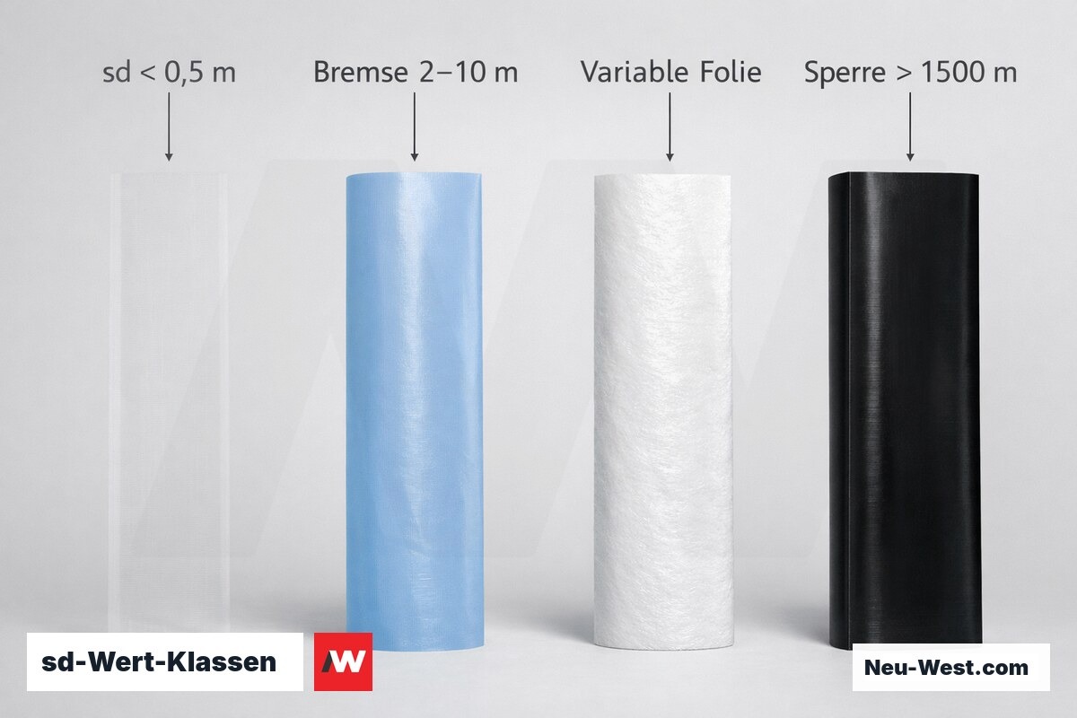 sd-Wert-Klassen: Dampfbremse und Dampfsperre im Dachaufbau – Erklär-Grafik (NEUWEST Berlin)
