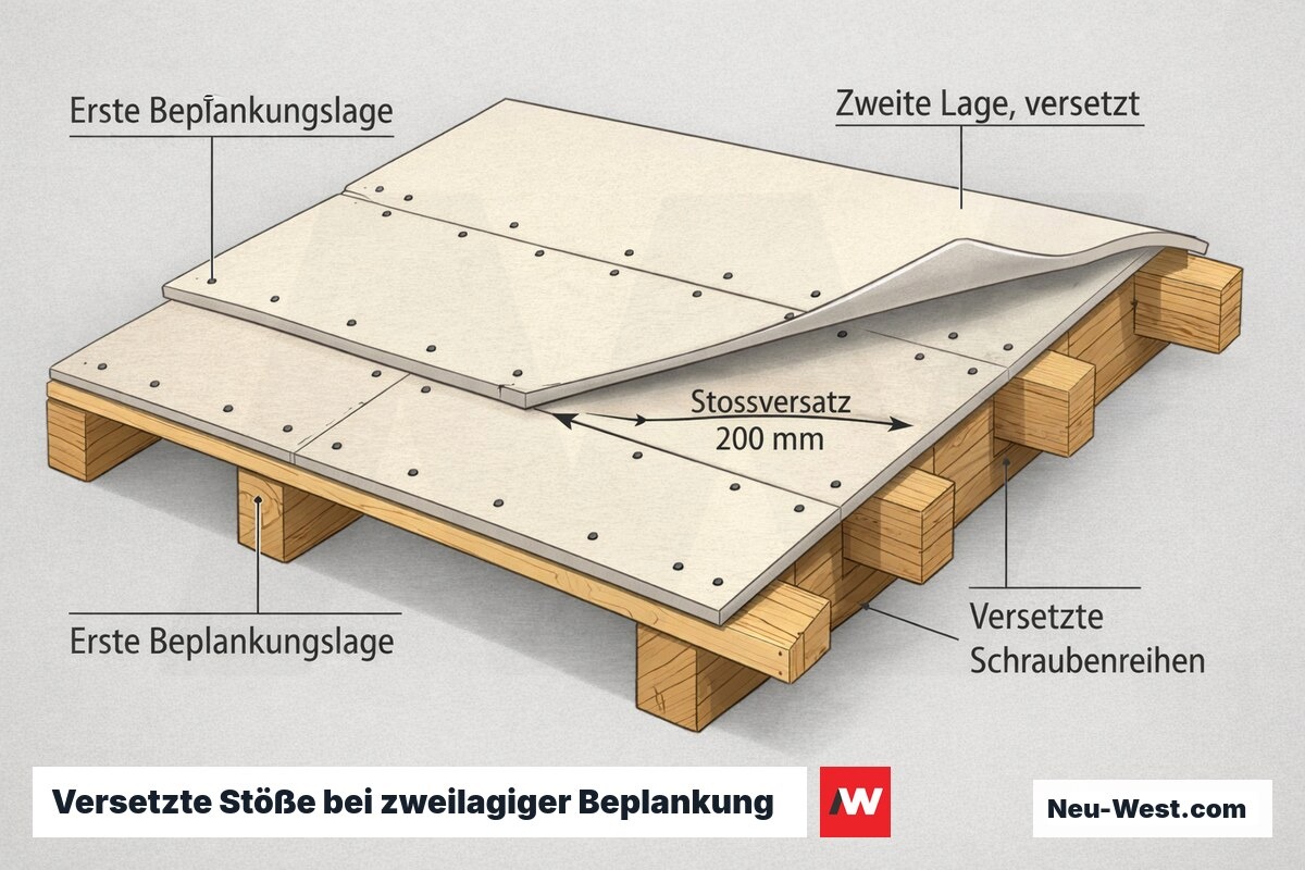 Cutaway-Detail zweier versetzt montierter Gipsplatten-Lagen auf Dachsparren mit 200 mm Stoßversatz und versetzten Schraubenreihen.