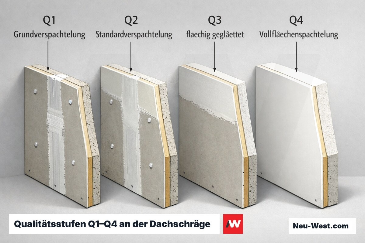 Erklär-Grafik der vier Oberflächen-Qualitätsstufen Q1 bis Q4 an einer Gipskarton-Dachschräge mit zunehmender Spachtelung und Streiflicht.