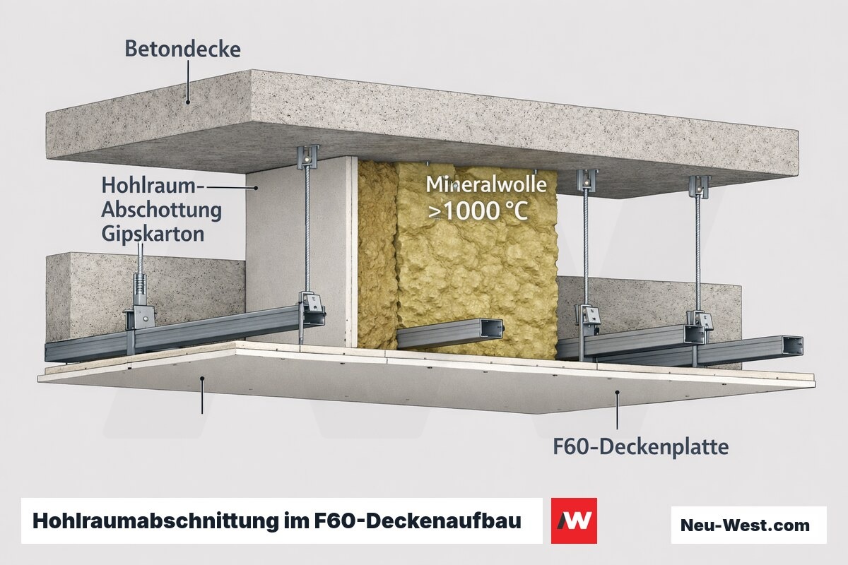 Querschnitt eines F60-Deckenhohlraums mit Gipskarton-Abschottung und nicht brennbarer Mineralwolle zwischen Betondecke und abgehängter Gipsplatte.