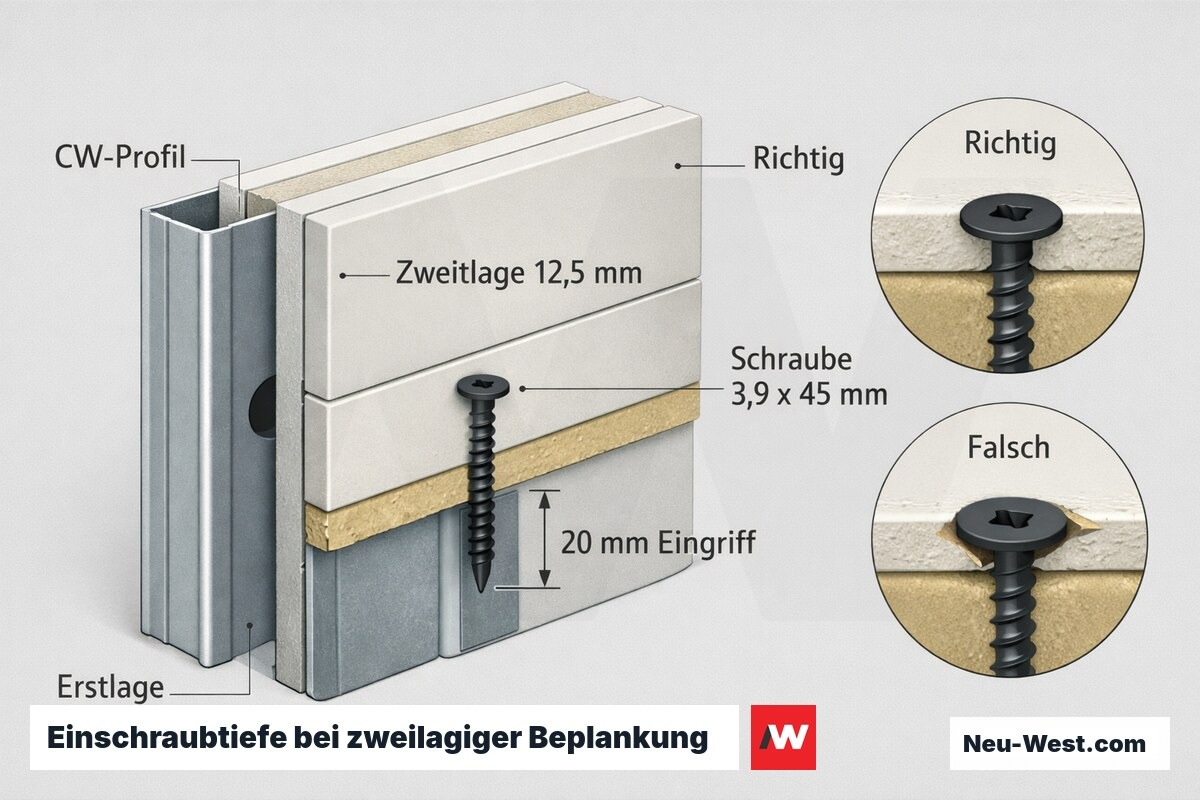 Querschnitt zweilagige Gipsplattenwand: Schraube 3,9×45 mm greift durch 2×12,5 mm bündig eingesenkt 20 mm in Metallständer.