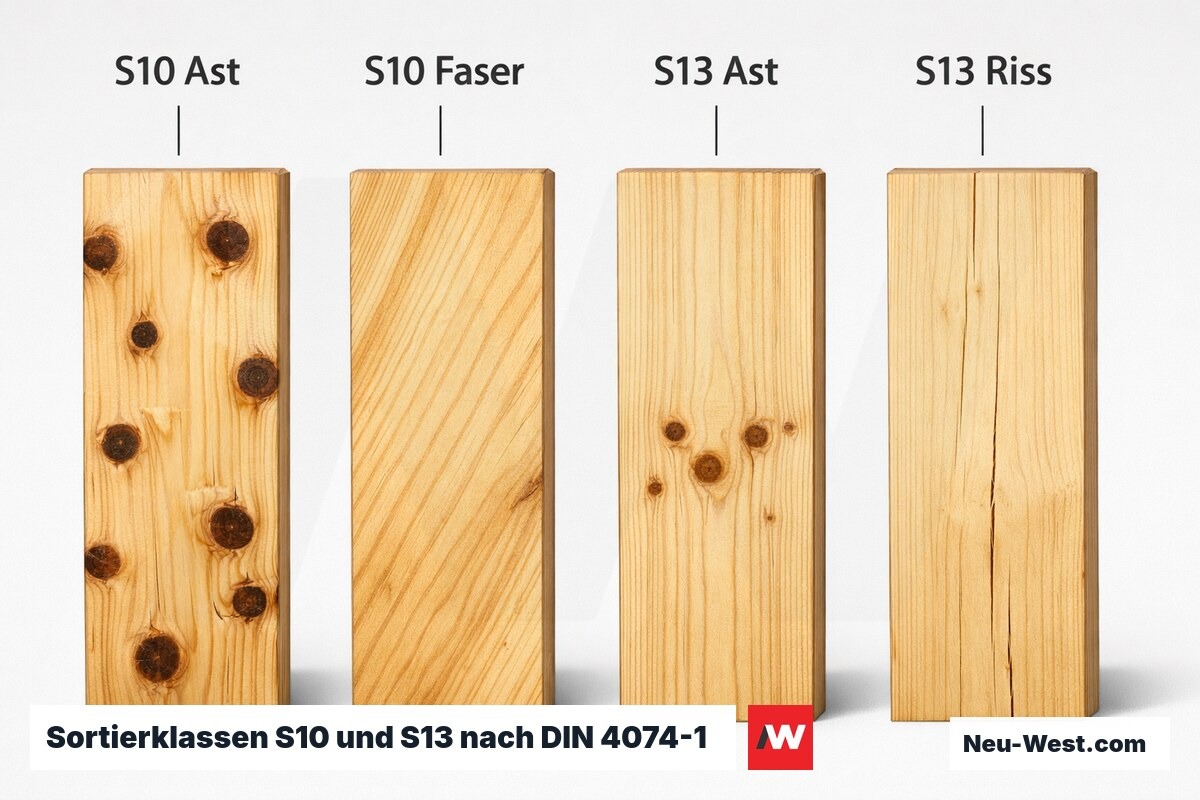 Sortierklassen S10 und S13 nach DIN 4074-1: Visuelle Sortiermerkmale – Erklär-Grafik (NEUWEST Berlin)