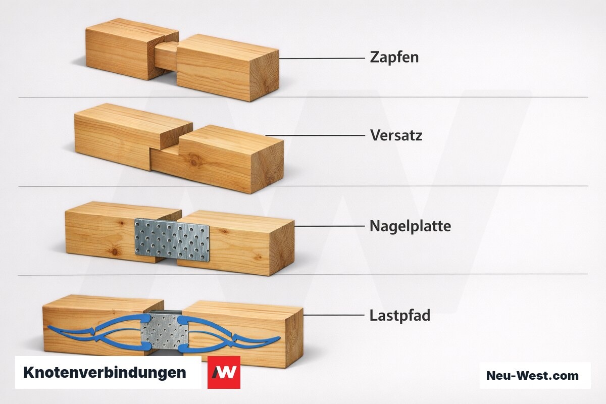 Knotenverbindungen: Zimmermannsmäßig vs. Nagelplatte – Erklär-Grafik (NEUWEST Berlin)