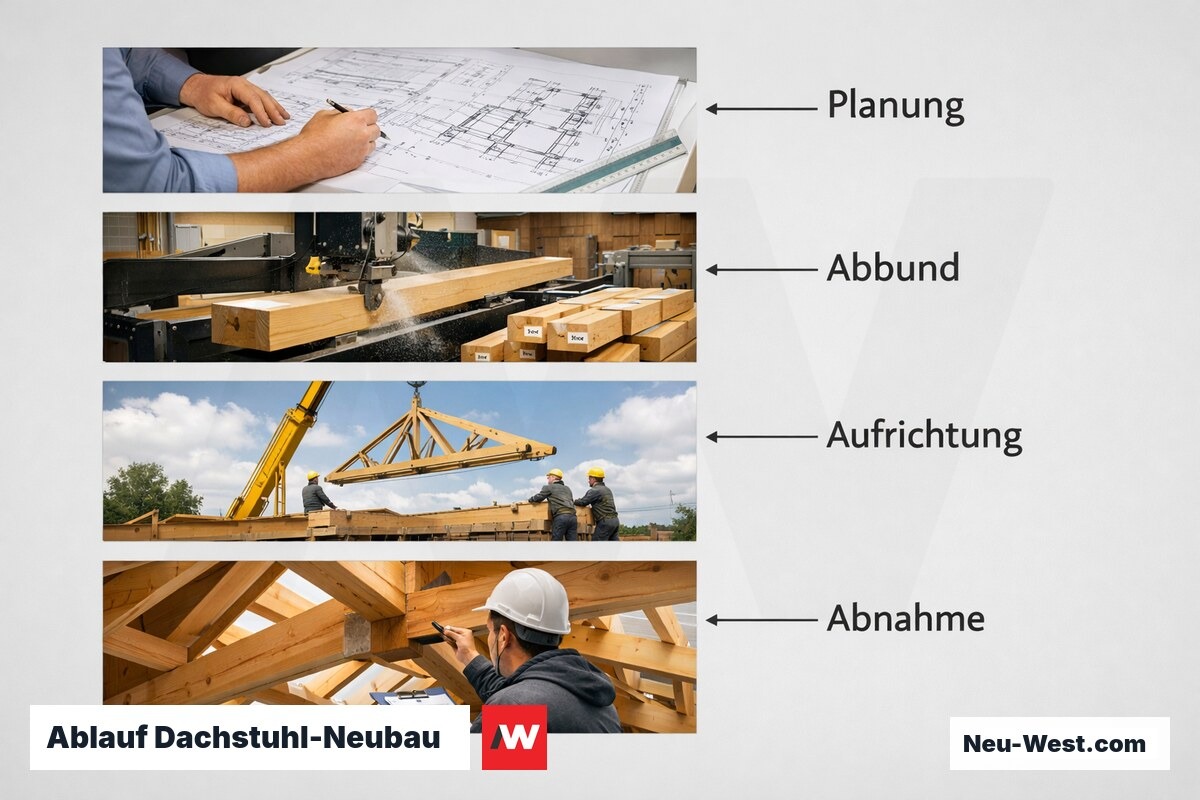 Ablauf Dachstuhl-Neubau: Von der Tragwerksplanung bis zur Abnahme – Erklär-Grafik (NEUWEST Berlin)