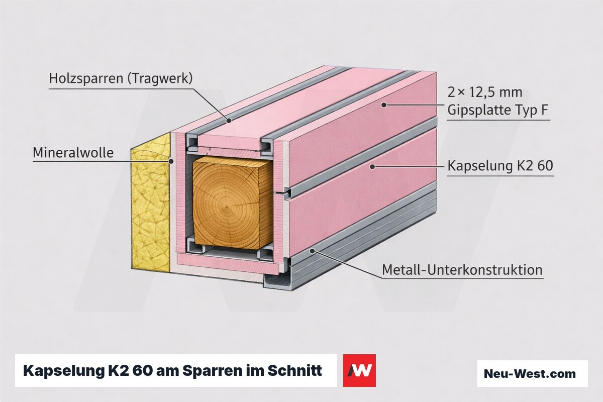 Bauteil-Schnitt: Holzsparren mit zweilagiger 12,5-mm-Feuerschutzgipsplatte Typ F auf Metall-Unterkonstruktion als Kapselung K2 60 gegen Entzündung.