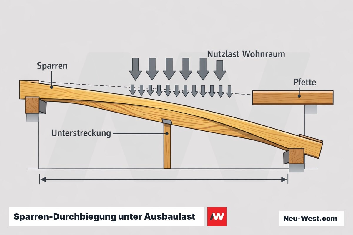 Querschnitt eines Dachsparrens zwischen Pfetten mit Durchbiegung unter Nutz- und Eigenlast des Dachausbaus sowie nachträglicher Unterstreckung.