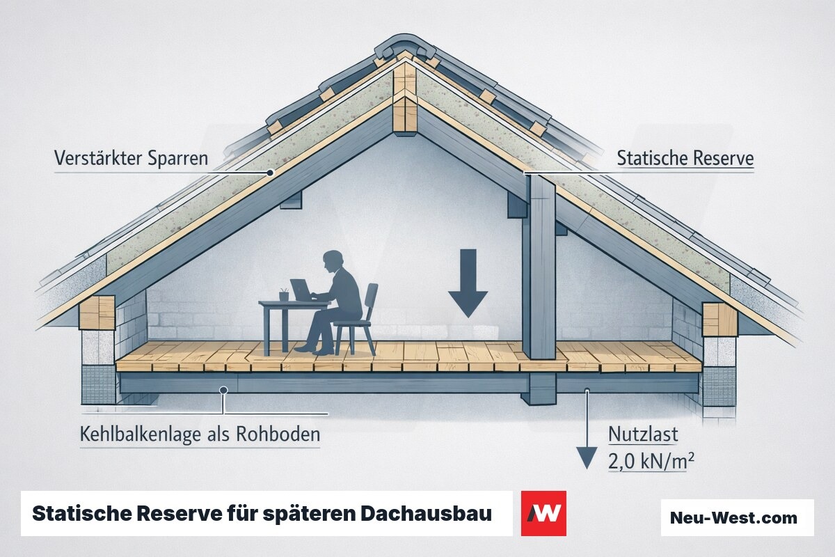 Dachquerschnitt zeigt verstärkte Sparren mit statischer Reserve und tragfähige Kehlbalkenlage als Wohnraum-Rohboden mit 2,0 kN/m² Nutzlast.