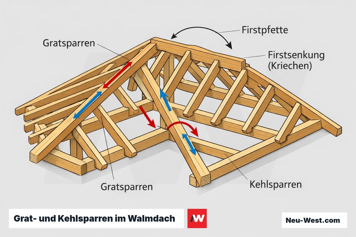 Cutaway-Schema eines Walmdachs mit Gratsparren, Kehlsparren und Firstpfette sowie angedeuteter Firstsenkung durch Kriechverformung.