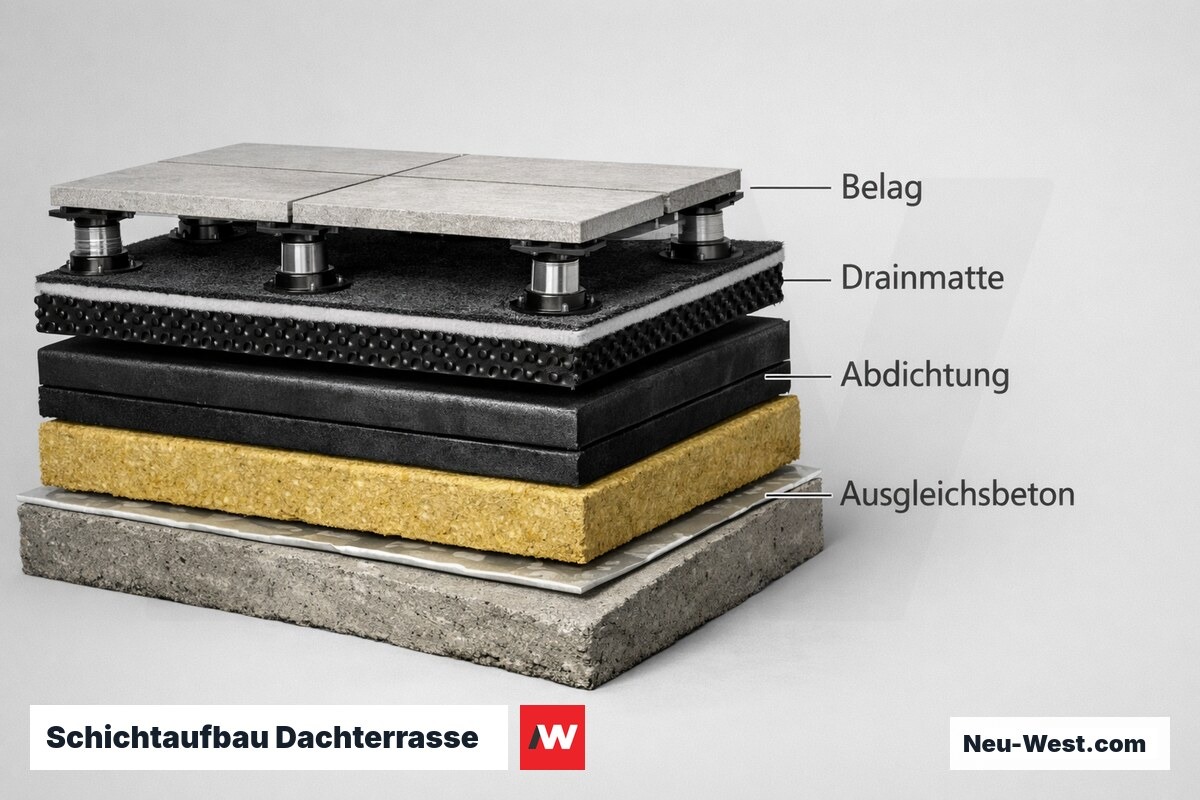 Schichtaufbau Dachterrasse: Funktion je Lage – Erklär-Grafik (NEUWEST Berlin)