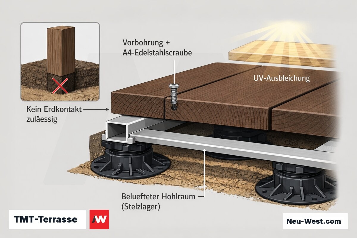Querschnitt einer TMT-Terrasse auf Stelzlager: Vorbohrung mit Edelstahlschraube, belüfteter Hohlraum, kein Erdkontakt, UV-Ausbleichung.
