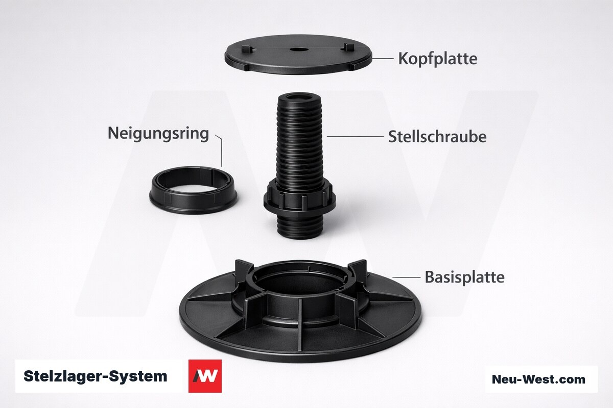 Stelzlager-System: Verstellbereich und Toleranzklasse – Erklär-Grafik (NEUWEST Berlin)