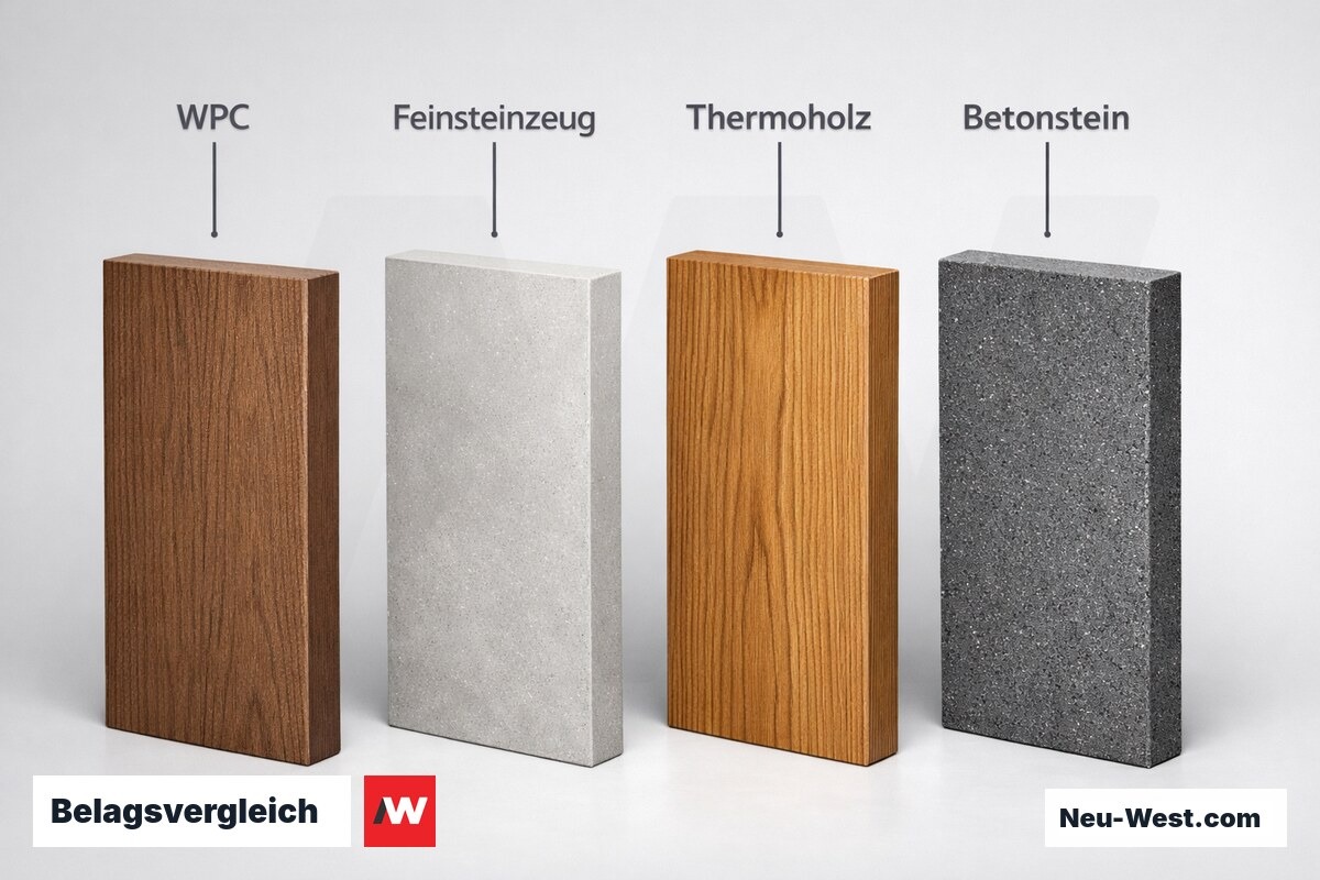 Belagsvergleich: WPC, Feinsteinzeug, Thermoholz, Betonstein – Erklär-Grafik (NEUWEST Berlin)