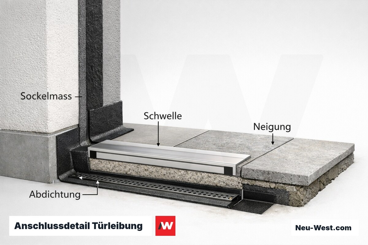 Anschlussdetail Türleibung: ZVDH-Mindestmasse und Barrierefreiheit – Erklär-Grafik (NEUWEST Berlin)