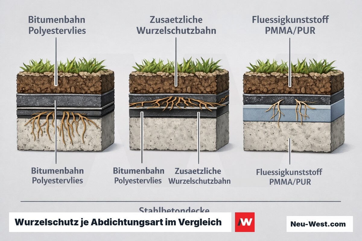 Vergleich dreier Abdichtungsarten und ihres Wurzelschutzes: Bitumenbahn mit Polyestervlies, zusätzliche Wurzelschutzbahn und Flüssigkunststoff auf Betondecke.