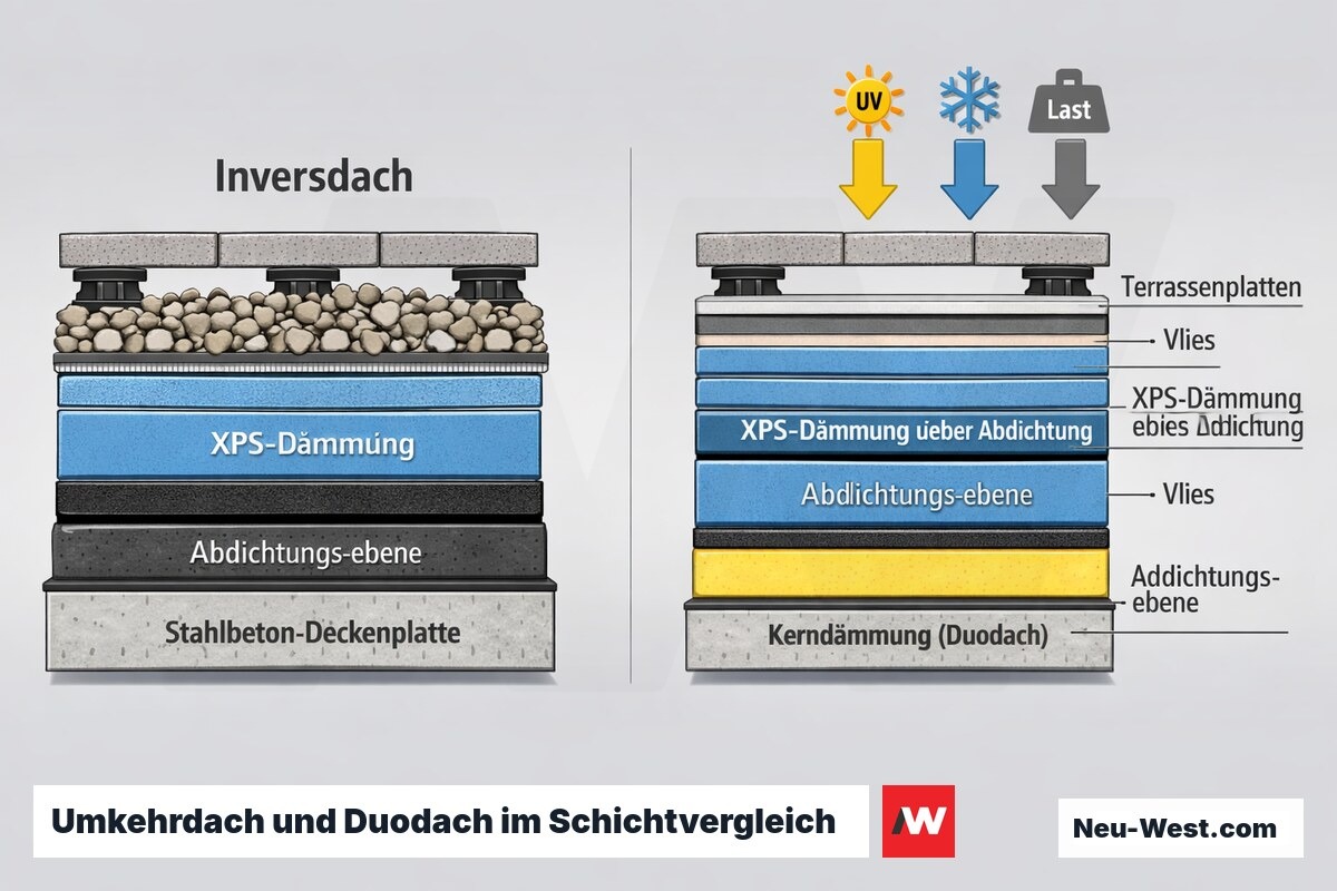 Querschnitt-Vergleich Umkehrdach und Duodach: XPS-Dämmung über der Abdichtung, Kerndämmung, Stahlbeton-Deckenplatte und Terrassenbelag im Schichtaufbau.