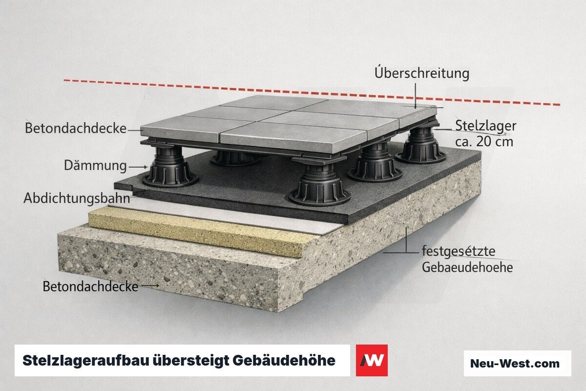 Querschnitt einer Berliner Dachterrasse: Stelzlageraufbau auf dem Flachdach überschreitet die festgesetzte maximale Gebäudehöhe.