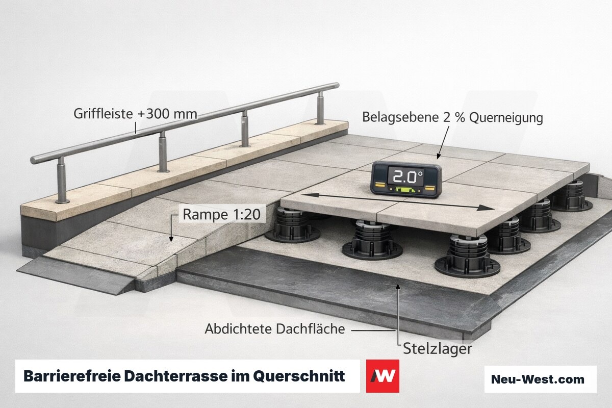 Querschnitt einer barrierefreien Dachterrasse auf Stelzlagern mit Neigungsangabe, Rampe 1:20 und beidseitiger Griffleiste.