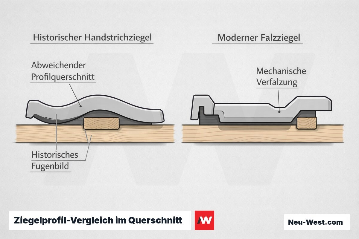 Querschnitt-Vergleich: historischer Handstrichziegel mit rundem Profil gegen modernen Falzziegel mit abweichendem Profilquerschnitt und Fugenbild.