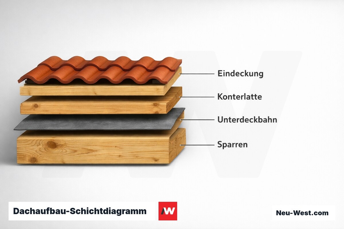 Dachaufbau-Schichtdiagramm: Sparren bis Eindeckung – Erklär-Grafik (NEUWEST Berlin)