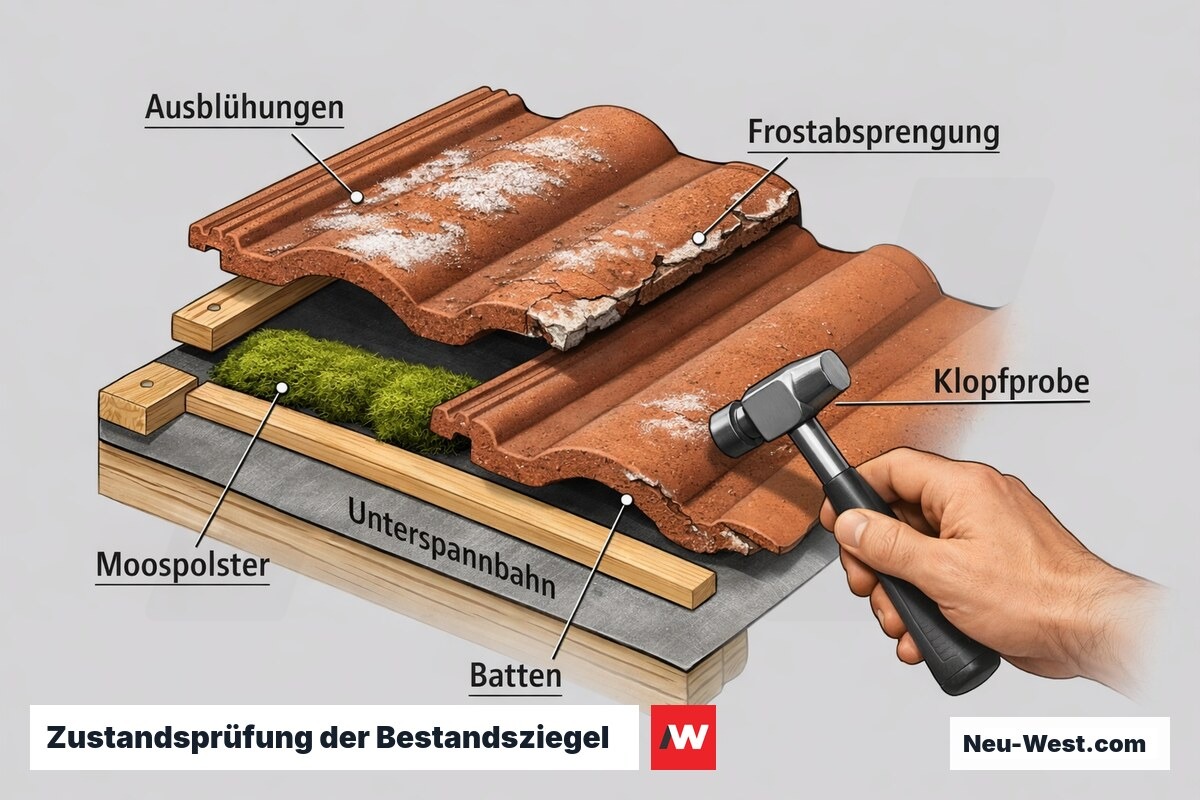 Erklär-Grafik zur Zustandsprüfung von Dachziegeln: Ausblühungen, Frostabsprengungen, Moospolster und Klopfprobe an der Deckunterlage.