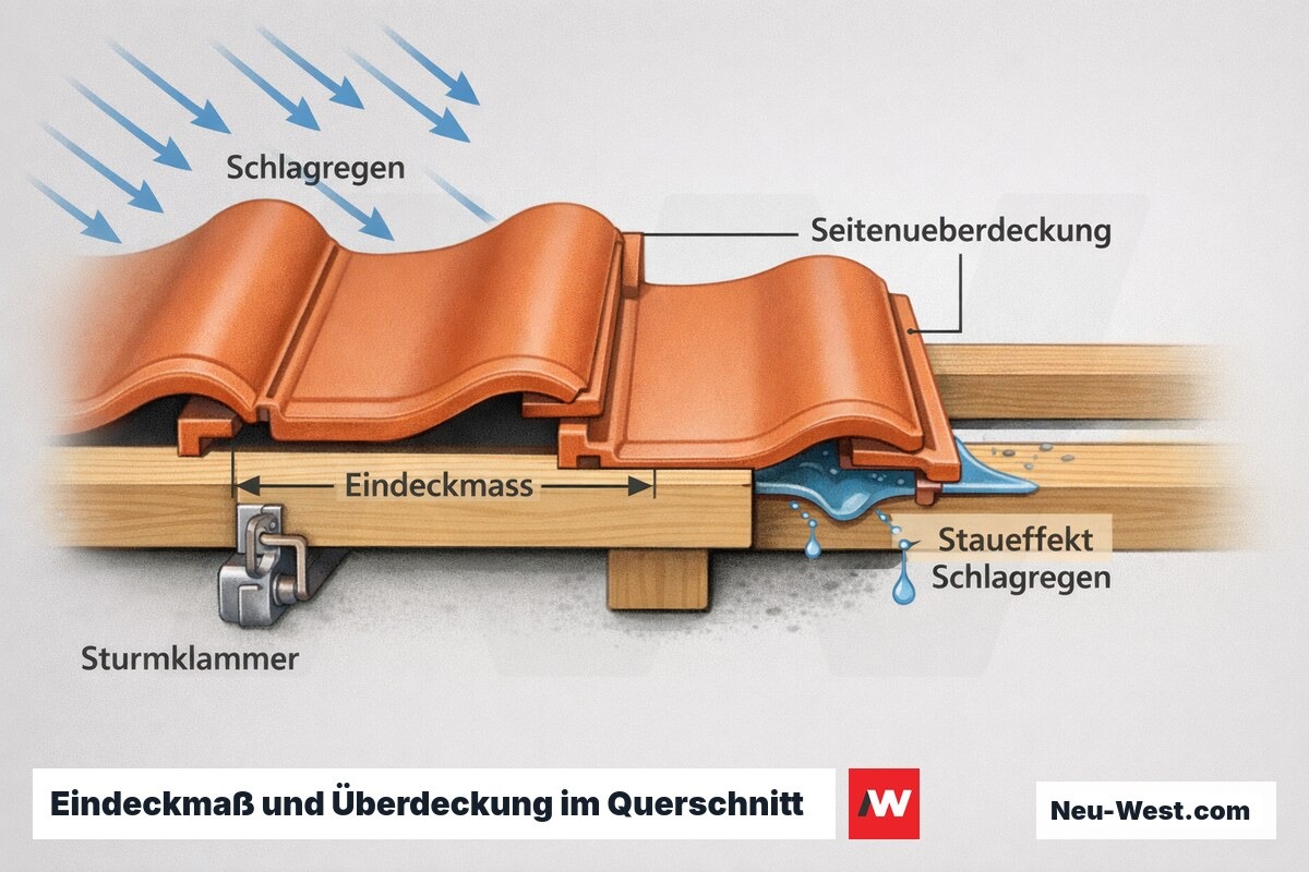 Querschnitt zweier überlappender Dachziegel auf Lattung mit markiertem Eindeckmaß, Seitenüberdeckung, Sturmklammer und Stauwasser bei Schlagregen.