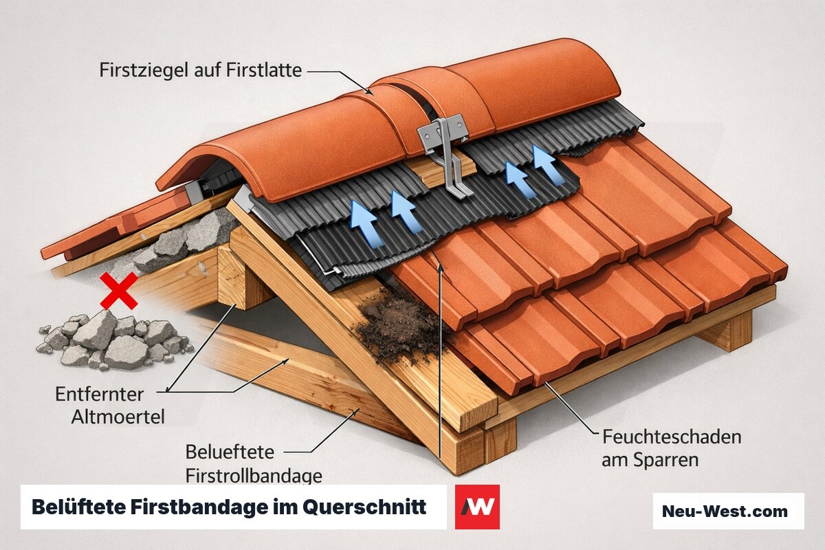 Querschnitt eines Dachfirsts mit Firstziegel, belüfteter Firstrollbandage, entferntem Altmörtel und Feuchteschaden am Sparren.
