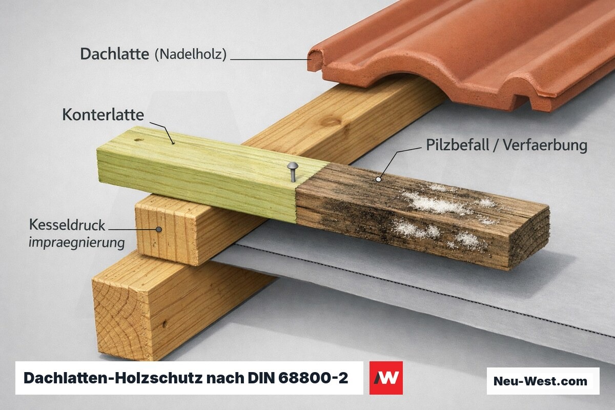 Querschnitt einer Dachlattung mit Nadelholzlatte, Konterlatte und Ziegel; eine Hälfte imprägniert, die andere mit Pilzbefall und Verfärbung.