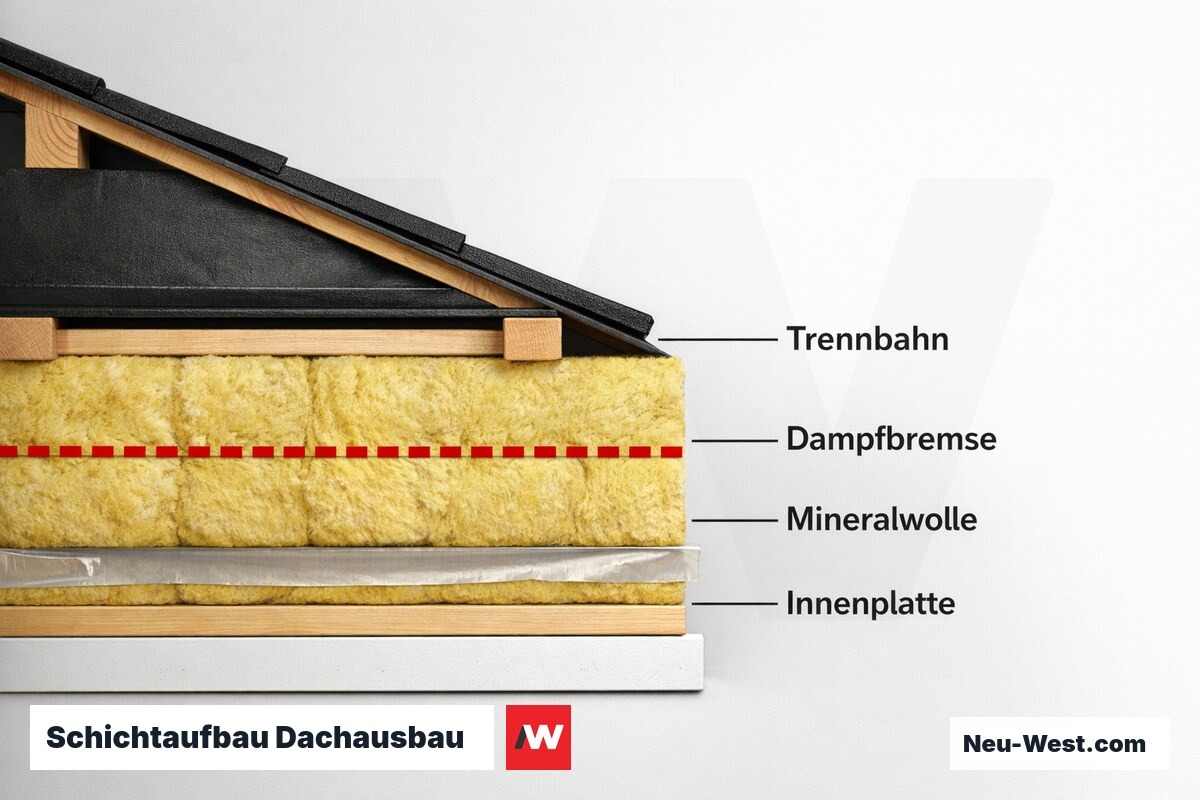Schichtaufbau Dachausbau: 2/3-Innenregel fuer Taupunktsicherheit – Erklär-Grafik (NEUWEST Berlin)
