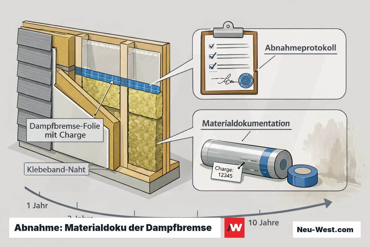 Wandquerschnitt mit Dampfbremse, beschriftetem Folien-Chargentag, Klebeband-Naht und Abnahmeprotokoll zur Materialdokumentation bei der Bauabnahme.