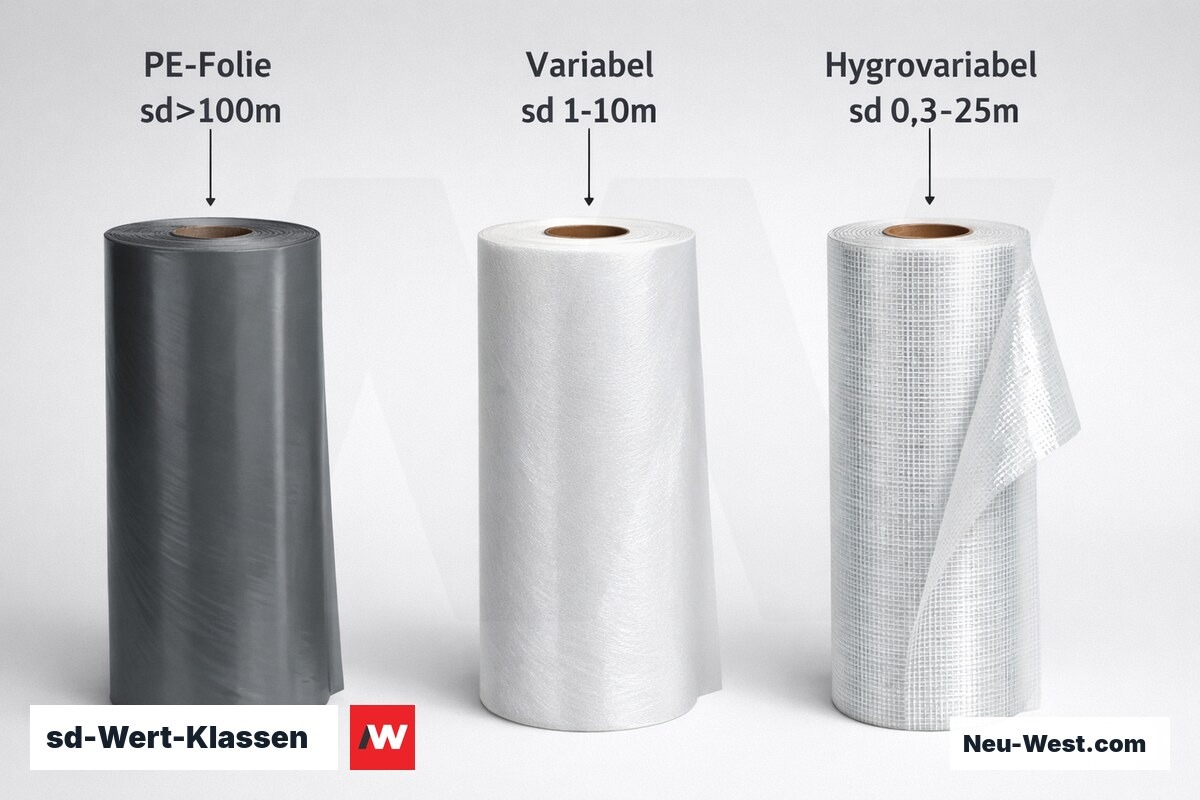 sd-Wert-Klassen: PE-Folie vs. variable und hygrovariable Folien – Erklär-Grafik (NEUWEST Berlin)