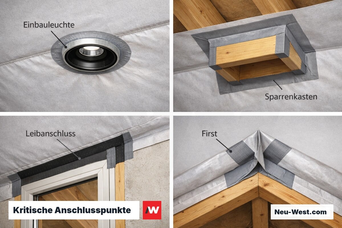 Kritische Anschlusspunkte: Flanschmanschette vs. Direktklebung – Erklär-Grafik (NEUWEST Berlin)