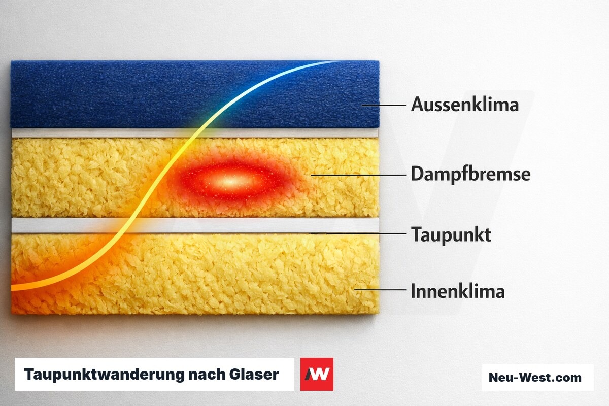 Taupunktwanderung nach Glaser: Kondensatzone ohne vs. mit Dampfbremse – Erklär-Grafik (NEUWEST Berlin)
