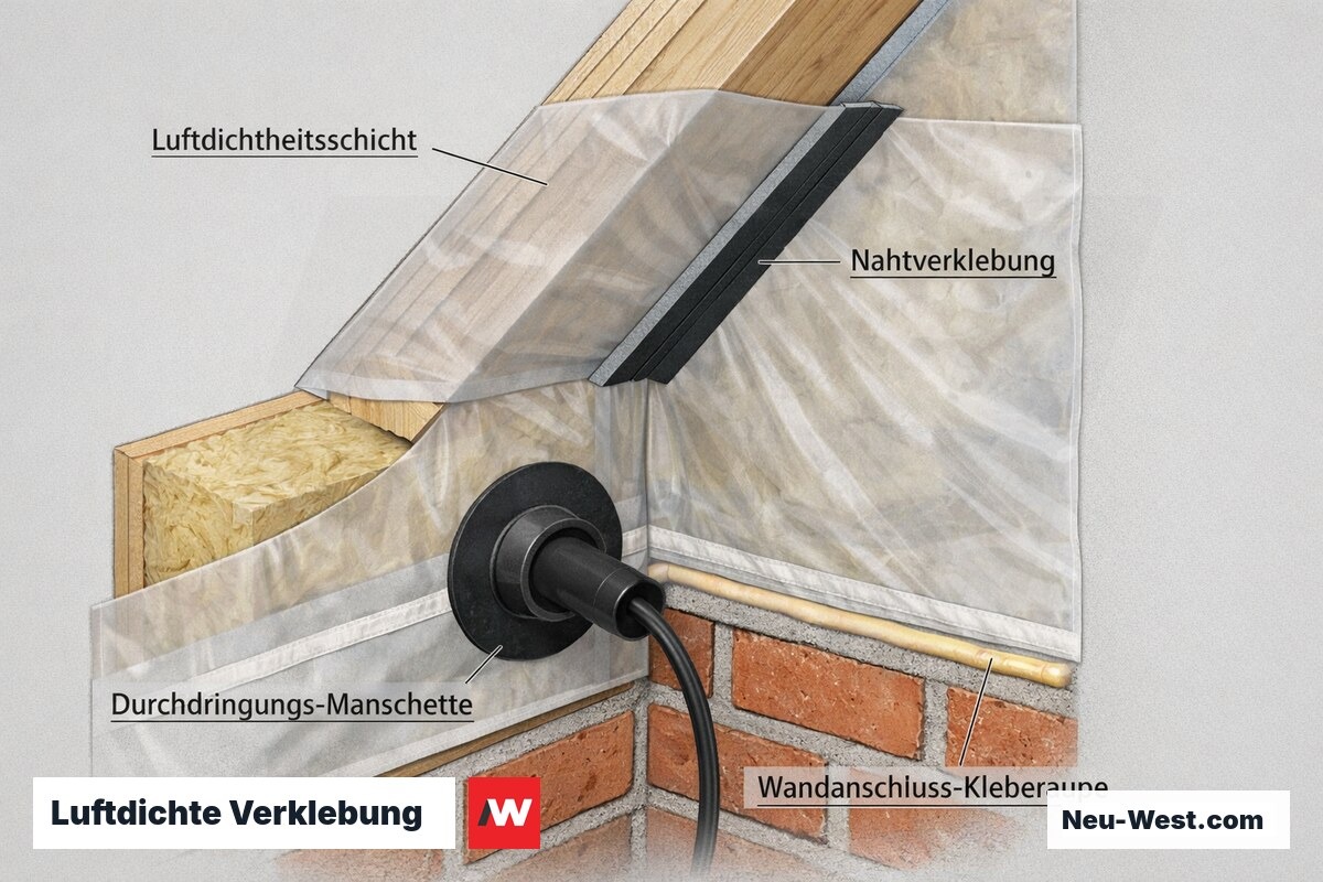 Bauteil-Detail: luftdichte Folie mit verklebten Nähten, Manschette an Kabeldurchdringung und Kleberaupe am Wandanschluss vor Sparren und Dämmung.