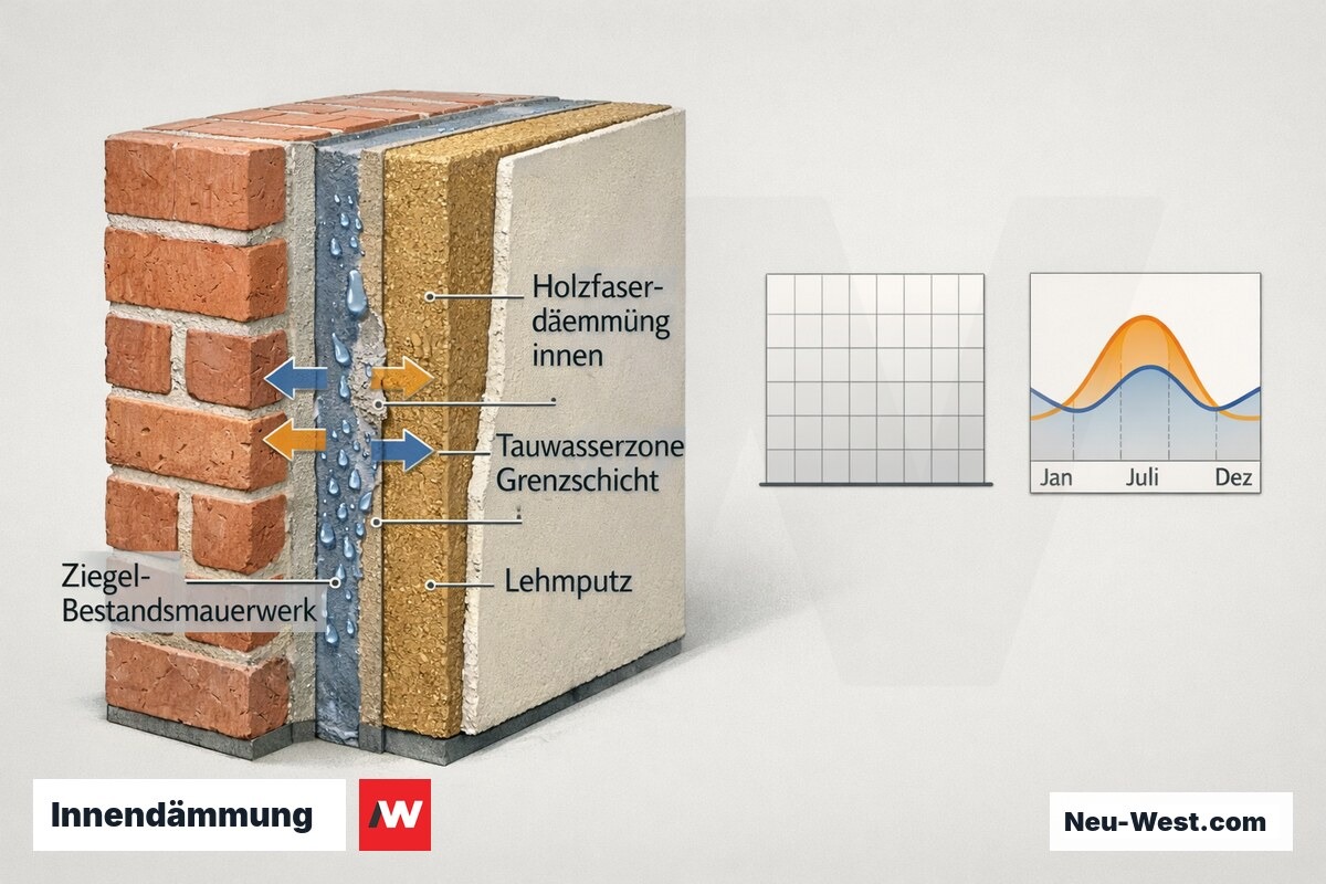 Querschnitt einer innengedämmten Ziegelwand mit Holzfaserdämmung, Lehmputz und Tauwasserzone an der Grenzschicht sowie Feuchtemigration.