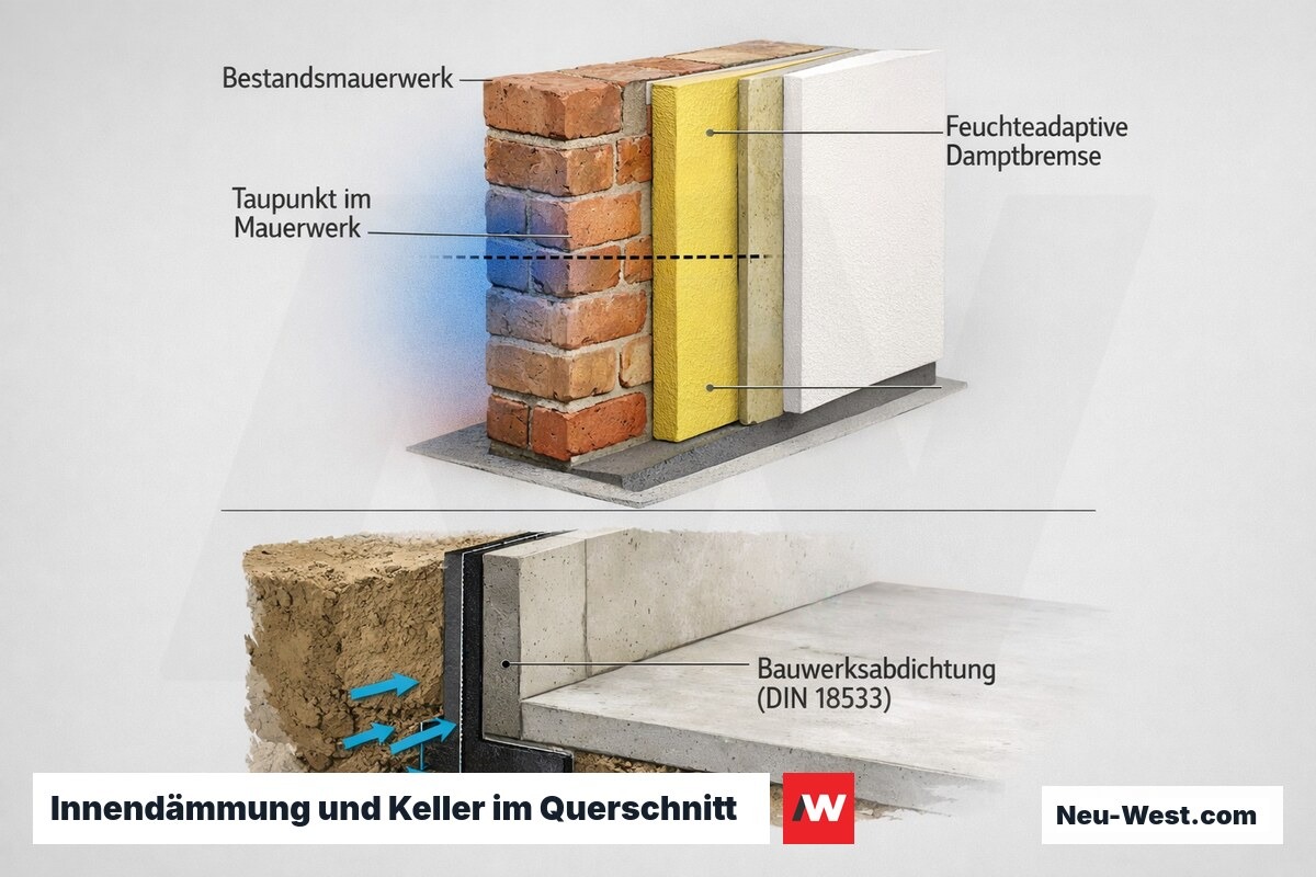 Querschnitt einer innengedämmten Außenwand mit Taupunkt im Bestandsmauerwerk und feuchteadaptiver Dampfbremse sowie Keller-Bauwerksabdichtung nach DIN 18533.