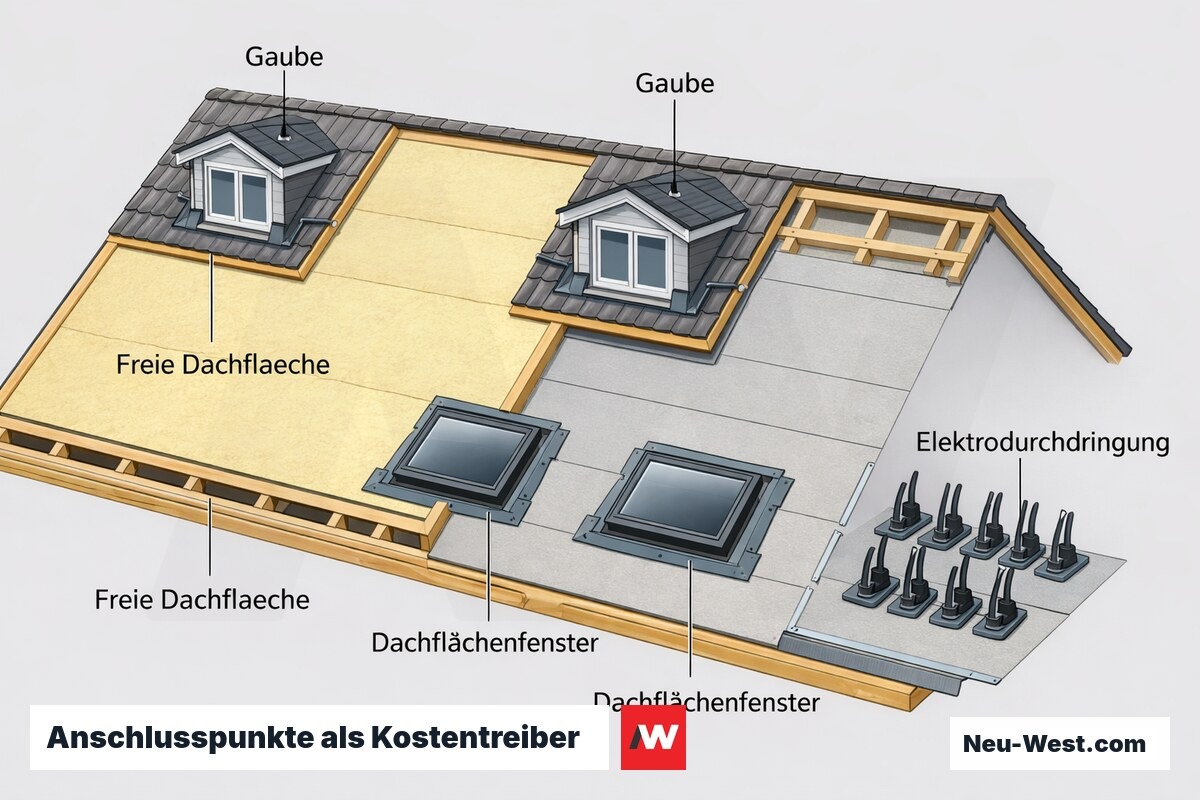 Cutaway eines Dachausbaus: große günstige Dachfläche gegenüber Gauben, Dachfenstern und Elektrodurchdringungen als teure Anschlusspunkte.