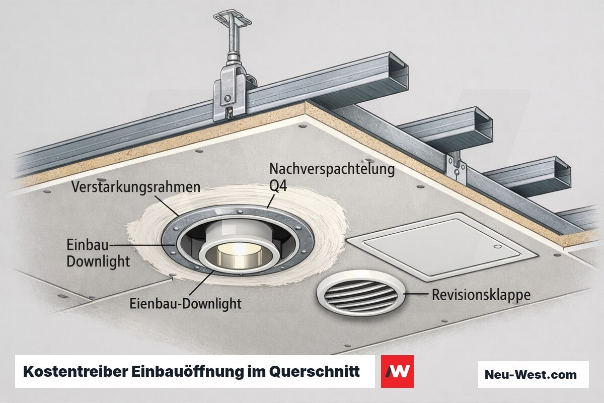 Querschnitt einer abgehängten Decke mit Einbauöffnung, Verstärkungsrahmen, Q4-Verspachtelung und Revisionsklappe als Kostentreiber.