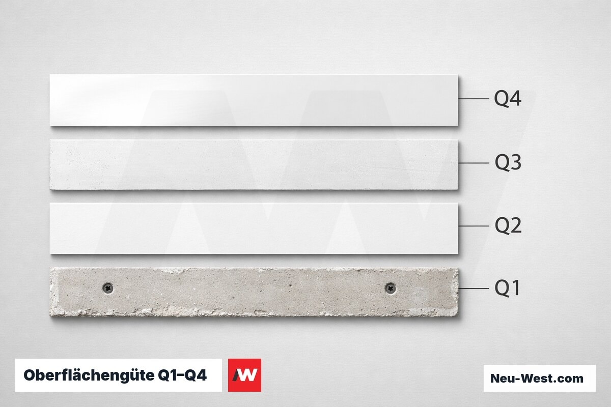 Oberflächengüte Q1–Q4 nach Gipsplatten-Richtlinie – Erklär-Grafik (NEUWEST Berlin)