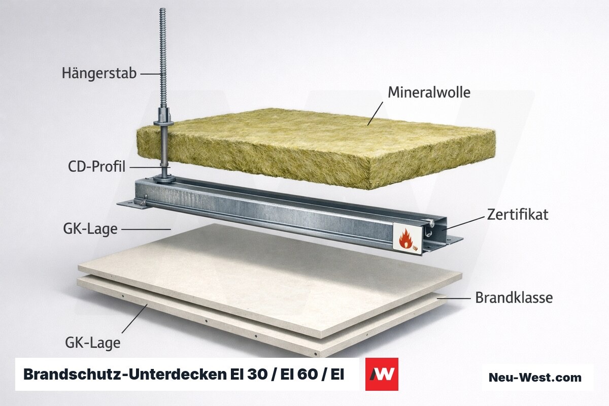 Brandschutz-Unterdecken EI 30 / EI 60 / EI 90: Systemaufbau und Zertifizierungspflicht – Erklär-Grafik (NEUWEST Berlin)
