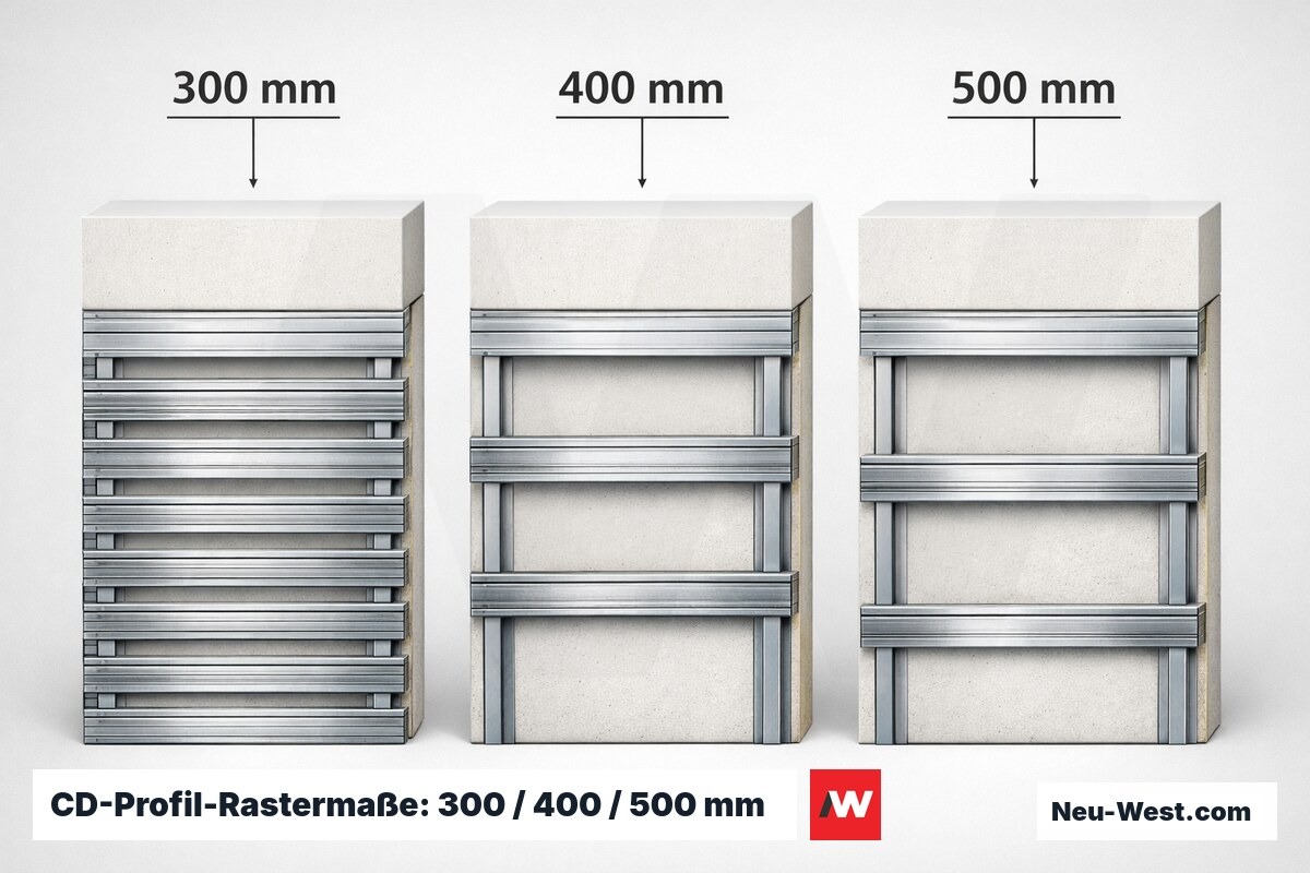 CD-Profil-Rastermaße: 300 / 400 / 500 mm — Abhängigkeit von Plattenstärke und Eigenlast – Erklär-Grafik (NEUWEST Berlin)