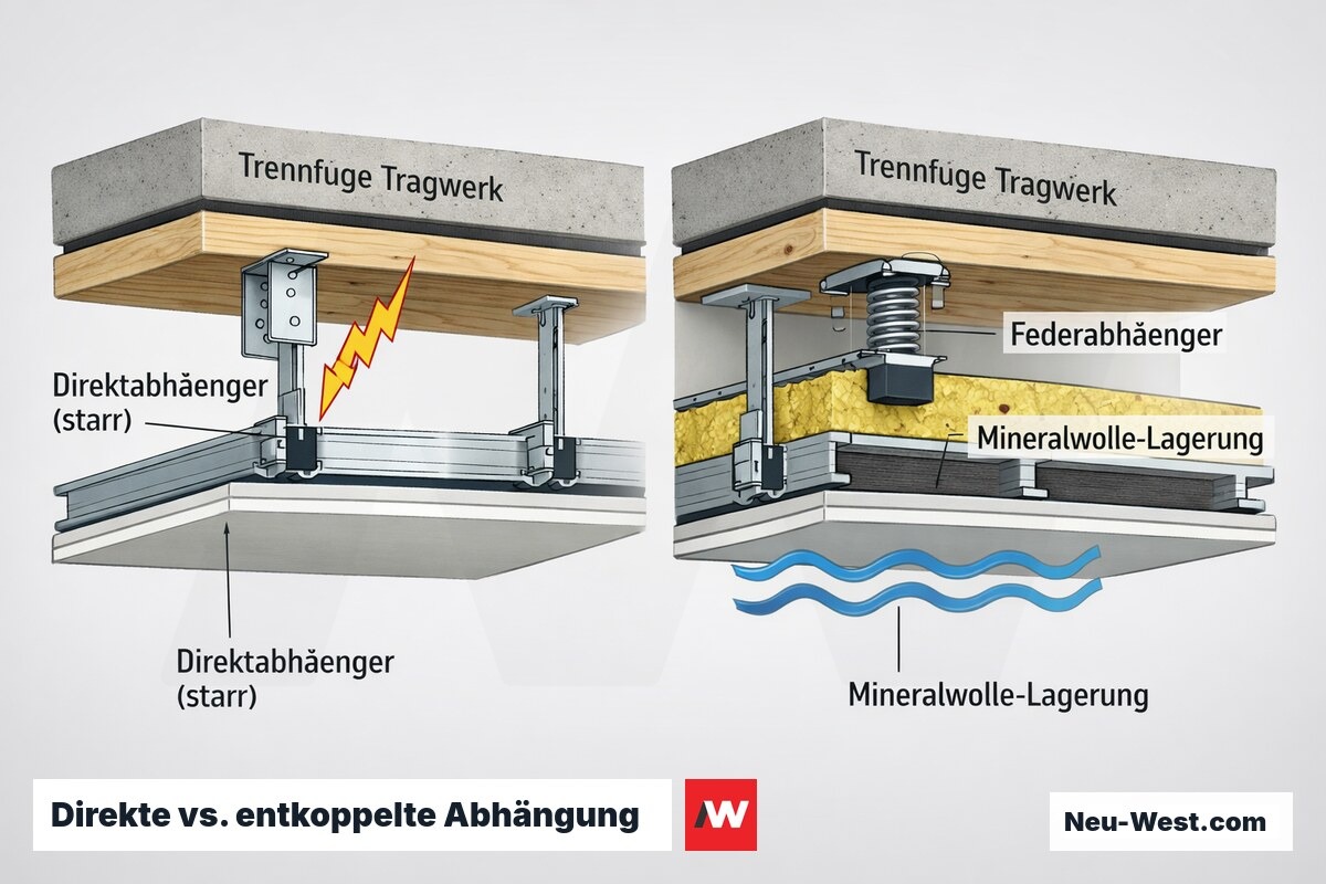 Querschnitt-Vergleich starrer Direktabhängung und federnder entkoppelter Unterkonstruktion mit Federabhängern und Mineralwolle unter der Decke.