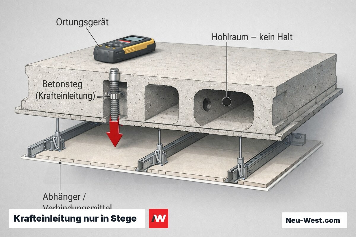 Querschnitt einer Hohldielendecke: Dübel im Betonsteg mit Halt, Bohrloch im Hohlraum ohne Halt, Abhänger und Ortungsgerät.