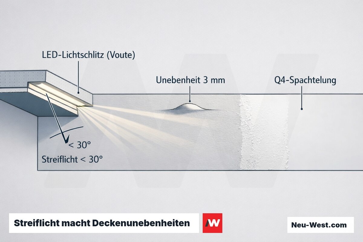 Querschnitt einer Decke mit LED-Lichtschlitz, flachem Streiflicht unter 30 Grad, das eine 3-mm-Unebenheit als Schatten sichtbar macht, plus Q4-Spachtelung.
