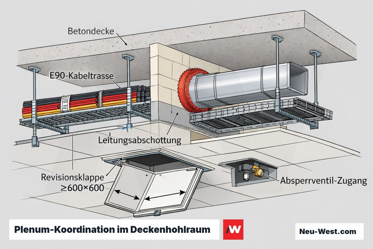 Querschnitt eines Deckenhohlraums mit E90-Kabeltrasse, Leitungsabschottung, Lüftungskanal und Revisionsklappe über abgehängter GK-Decke.