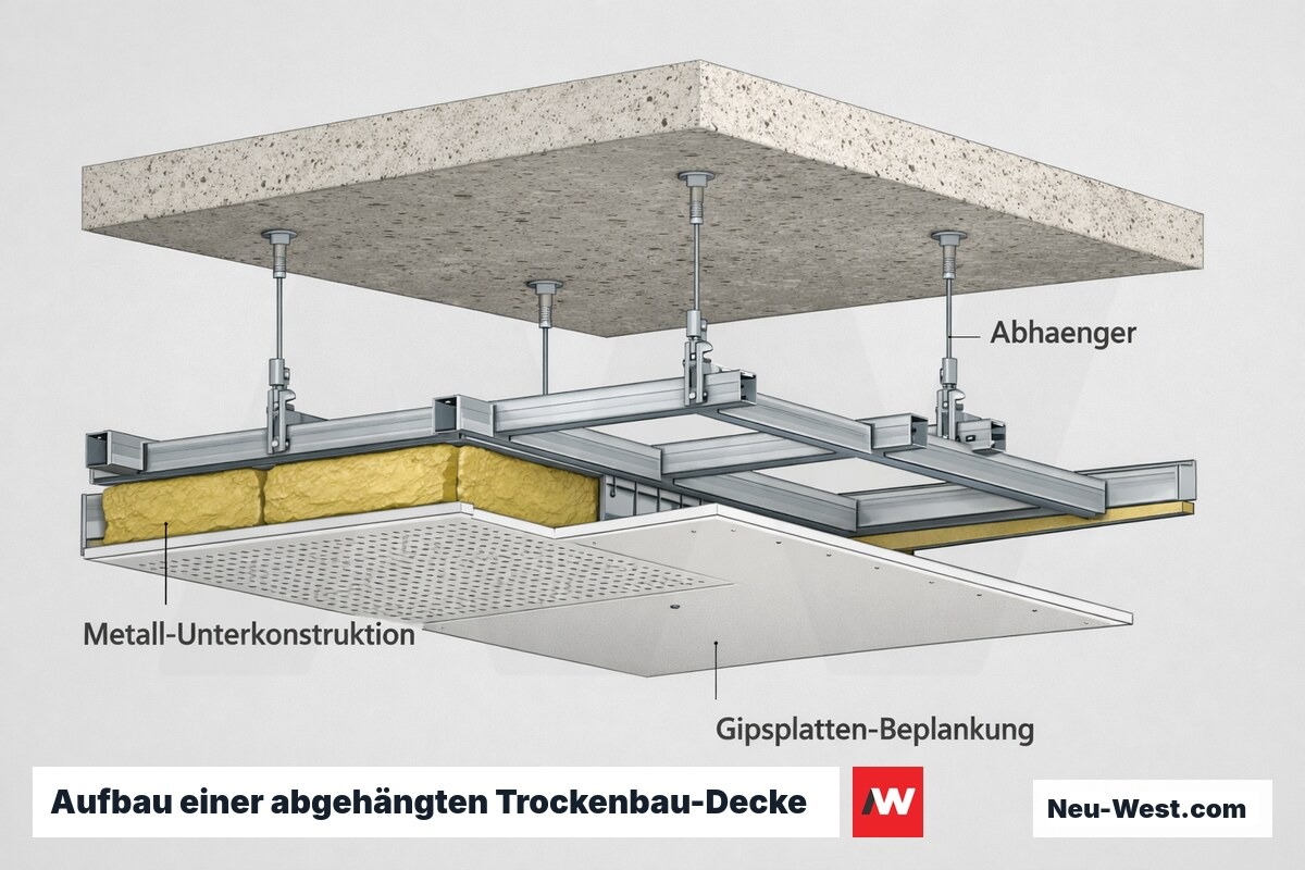 Querschnitt einer abgehängten Trockenbau-Decke mit Rohdecke, Abhängern, Metallprofilen und Gipsplatten-Beplankung samt Akustikelement.