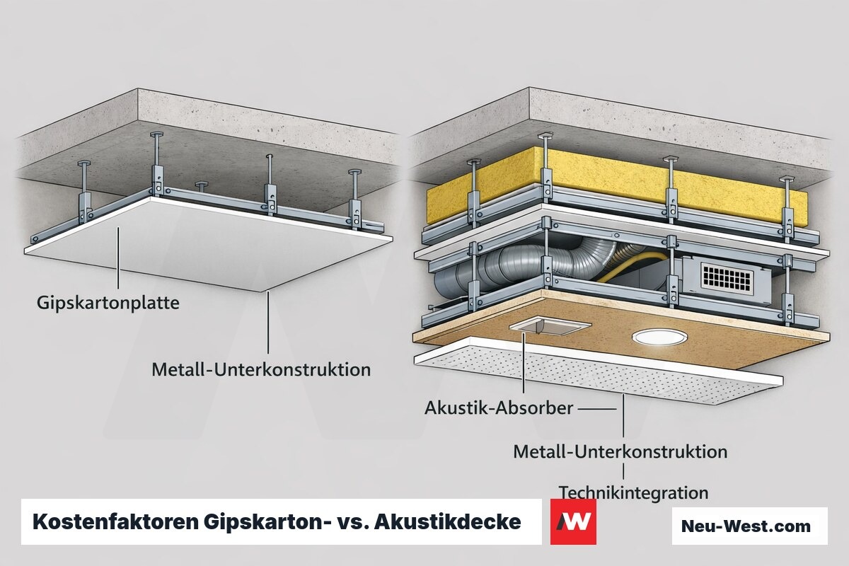 Querschnitt-Vergleich einfacher Gipskartondecke und Akustikdecke mit Absorber, Brandschutz und integrierter Technik als Preistreiber.